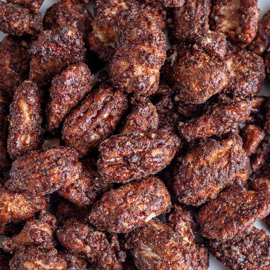 Close-up of roasted Di Bruno Bros. cinnful pecans.