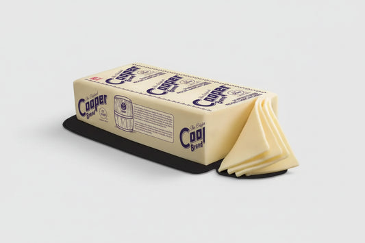 Butter stick with 'Cooper Brand' packaging on a white background