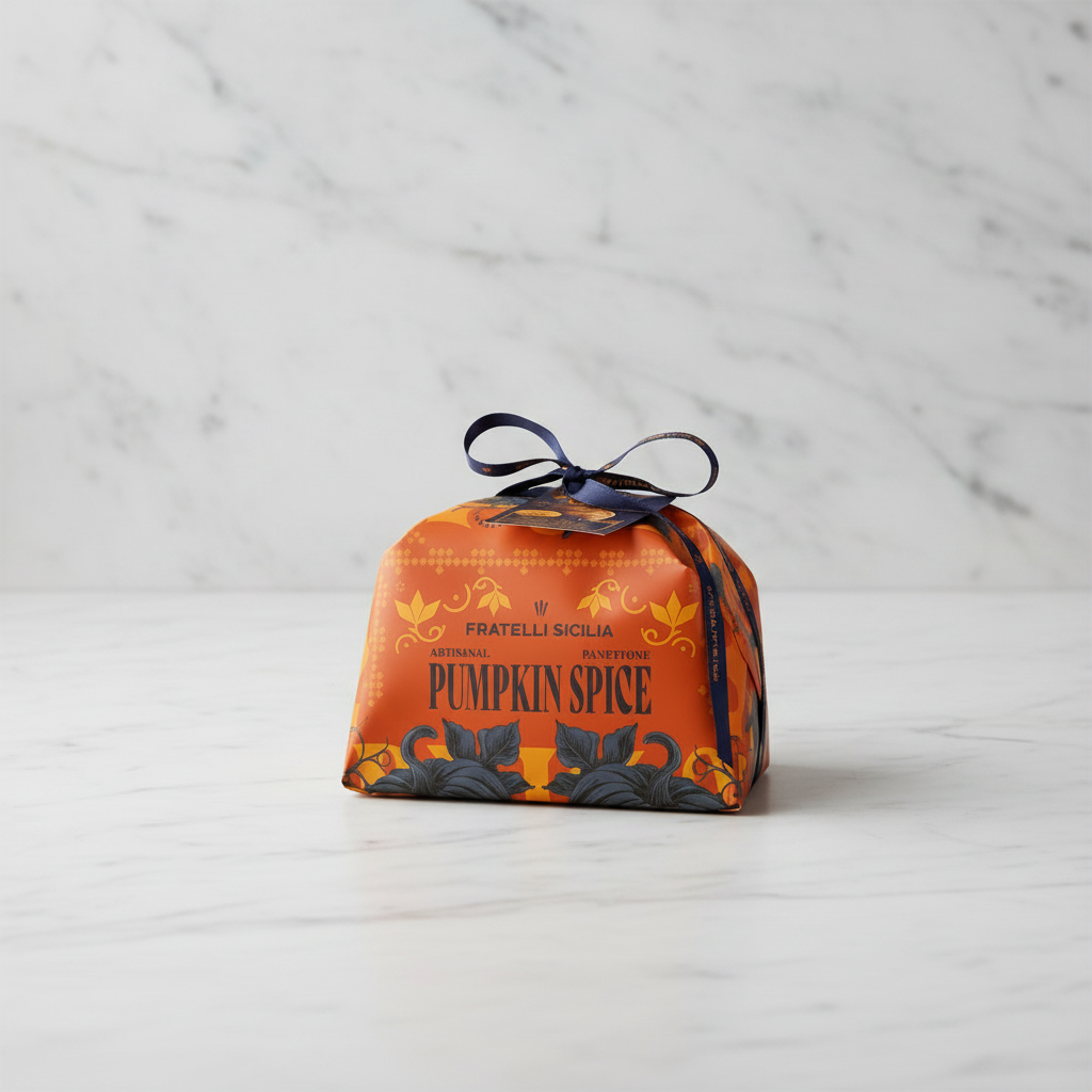 Fratelli Sicilia Artisanal Panettone Pumpkin Spice gift box, featuring a vibrant orange packaging with black and yellow illustrations of pumpkins and a dark blue ribbon bow on top, set against a plain white background.