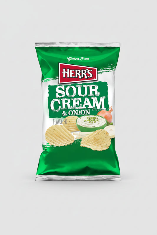 Green bag of Herr's Sour Cream & Onion flavored chips on a white background