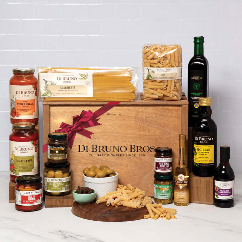 Di Bruno Bros. Italian Kitchen Gourmet Gift Crate displayed with pasta, sauces, oils and antipasti