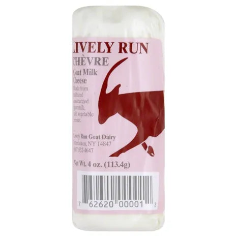 Chevre goat milk cheese bar with Lively Run branding on a white background