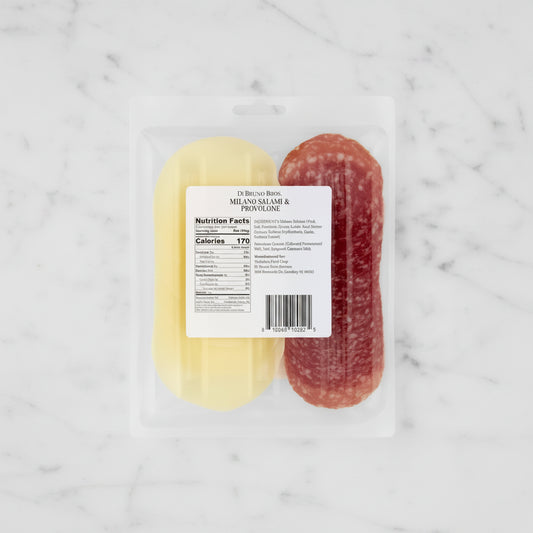 Packaged Milano Salami and Provolone with a nutrition label on a white background