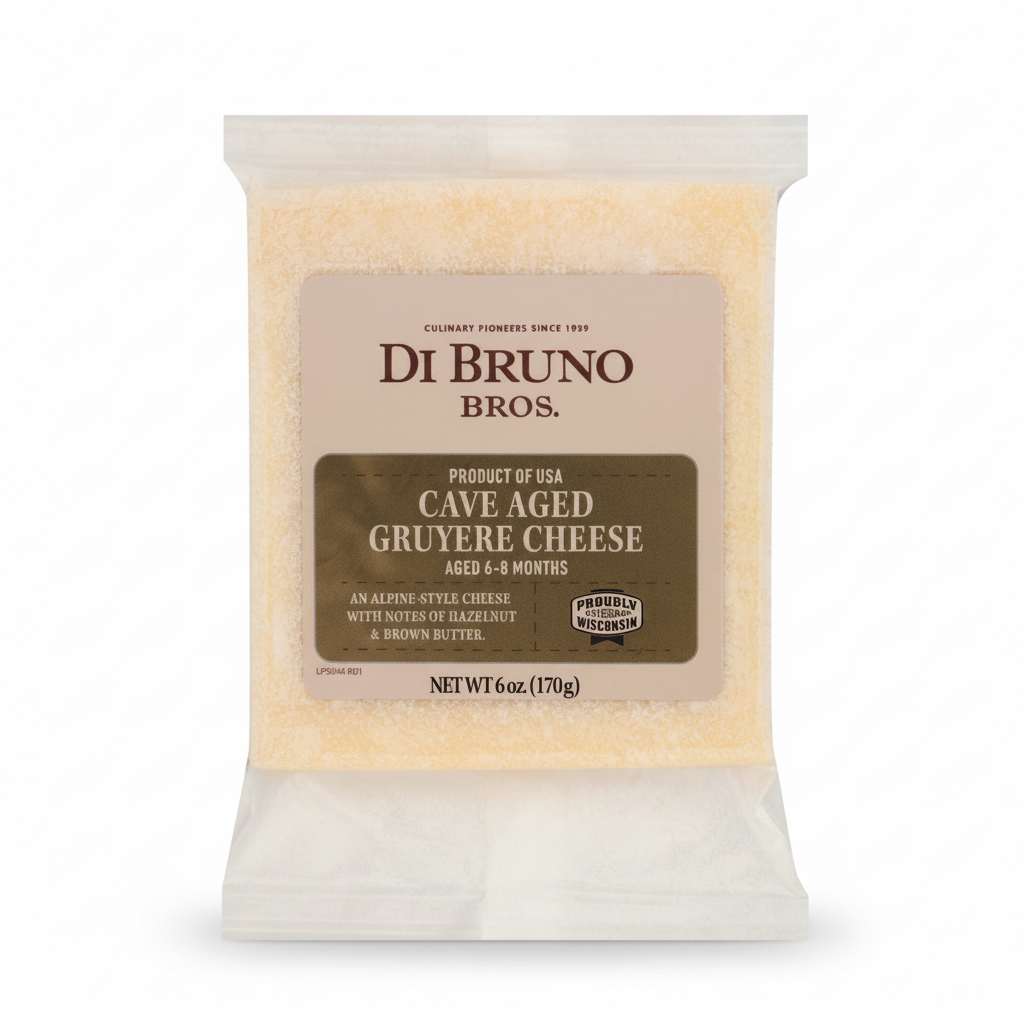 Package of Di Bruno Bros. Cave Aged Gruyère Cheese on a white background