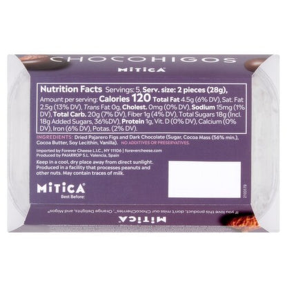 A chocolate bar package labeled Chochigos Mitica, showing the back of the wrapper with nutrition facts, ingredients, and product details on a white background.
