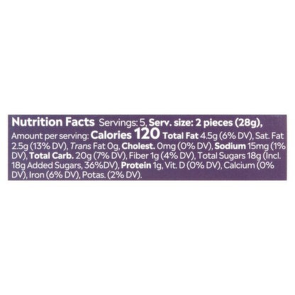 A close-up of a purple Nutrition Facts label showing serving size, calories, and macronutrient details on a white background.
