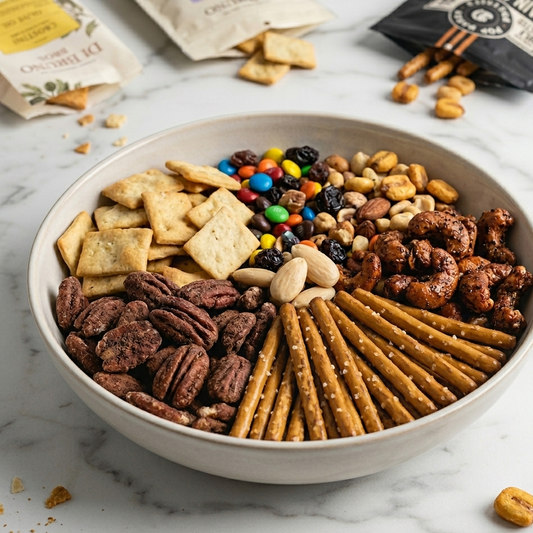 Assorted snack mix in a bowl on a marble surface with snack packages in the background.