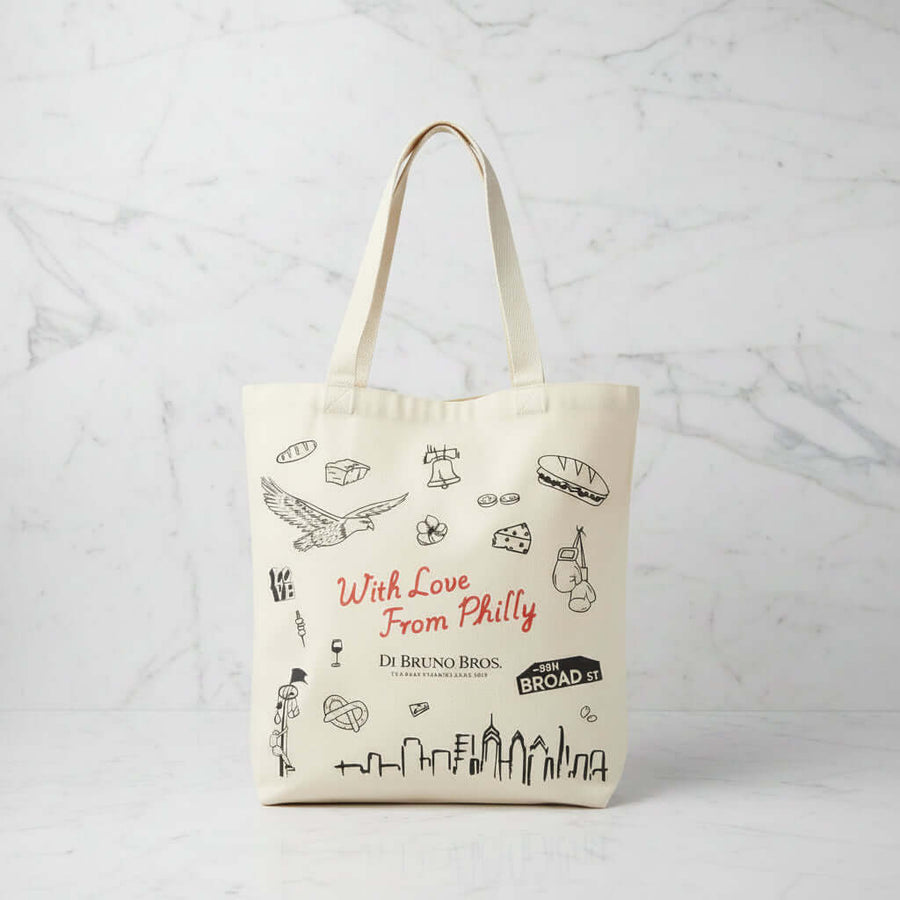 Reusable Di Bruno Bros. Love Tote with Philadelphia-themed illustrations and With Love From Philly lettering