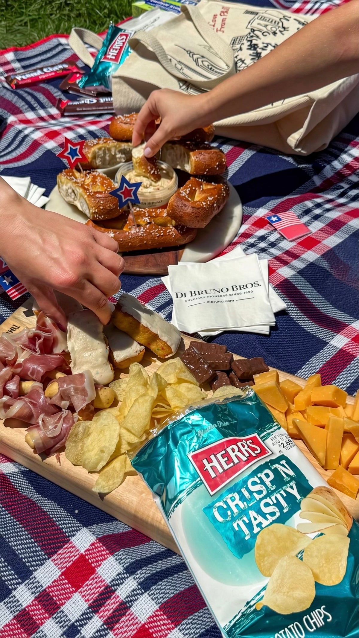 Outdoor picnic scene on a red, white, and blue plaid blanket with a charcuterie board, pretzels, cheese, chips, and a bag of Herb's Crispin Tasty potato chips. Two people are visible reaching for food, with a Bruno S.