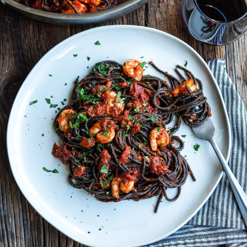 Spicy Squid Ink Pasta with Nduja and Shrimp